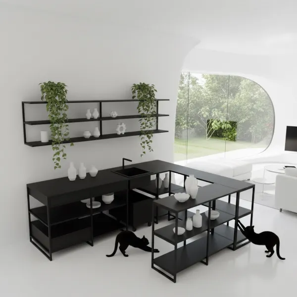 картинка кухня <Швед> угловая с барной стойкой 1800х2400 с ящиками, раковиной, верхними полками от ARCHPOLE