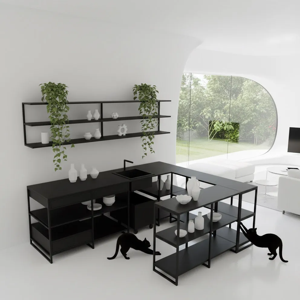 картинка кухня <Швед> угловая с барной стойкой 1800х2400 с ящиками, раковиной, верхними полками от ARCHPOLE