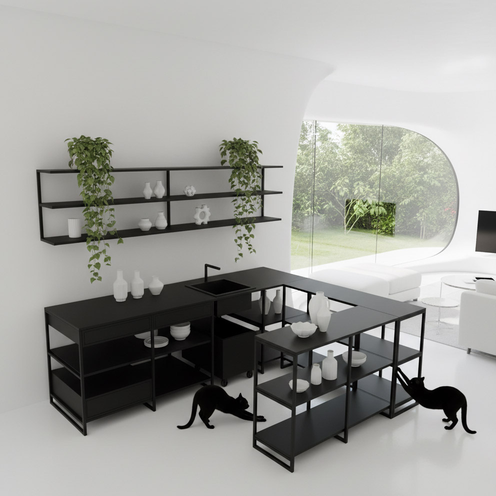 картинка кухня <Швед> угловая с барной стойкой 1800х2400 с ящиками, раковиной, верхними полками от ARCHPOLE