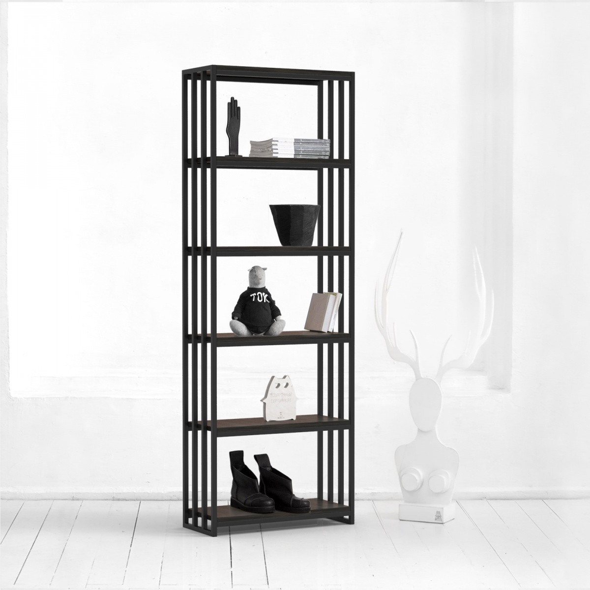 картинка стеллаж <минимализм> с вертикальными ограждениями фанера-винтажный черный от ARCHPOLE