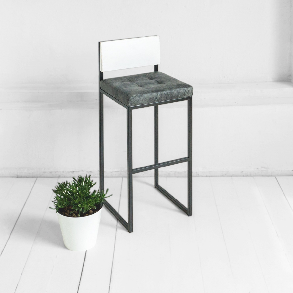 картинка Барный стул Шоколад с серой кожей со спинкой в белом цвете с серым металлом от ARCHPOLE